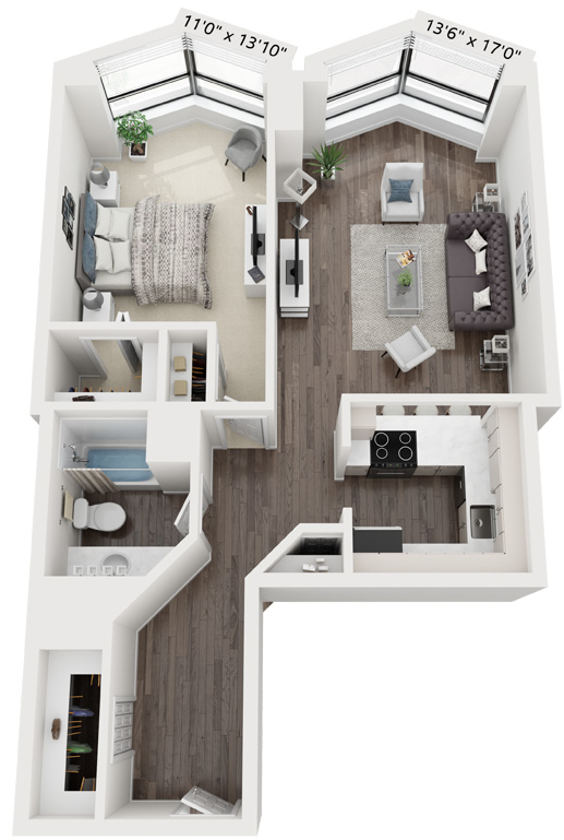 Floor plan for 1 bed, 1 bath, 766 sqft